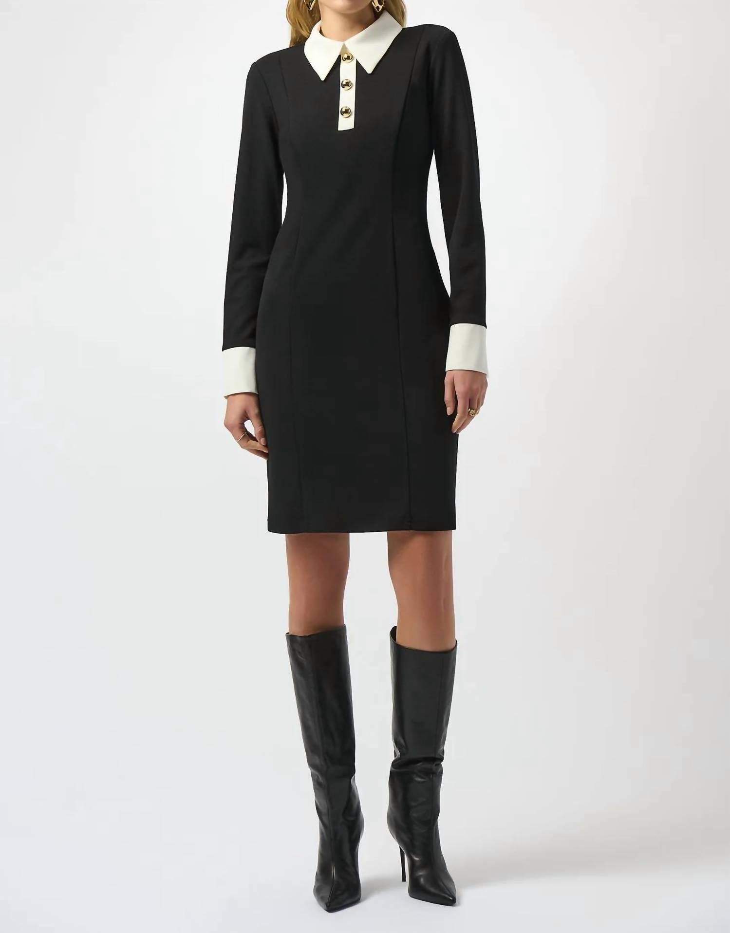 Joseph Ribkoff Colorblock Collared 3/4 Sleeves Shift Dress in black vanilla - women's dress