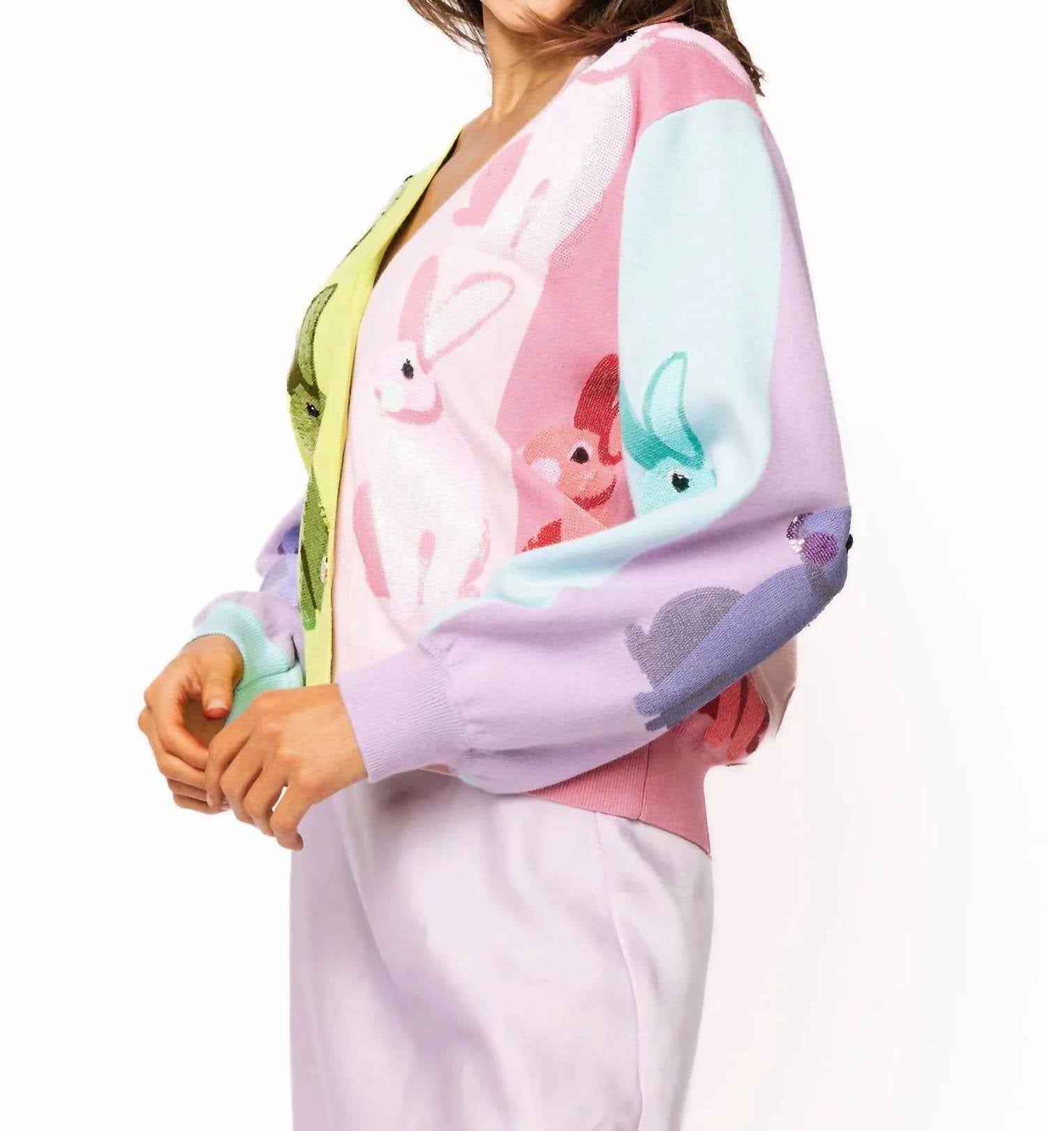 Queen Of Sparkles - Rainbow Colorblock Easter Bunny Button Up Cardigan
