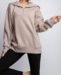 RAE MODE French Terry Fleece Ribbed Mock Neck Pullover Top in taupe - women's long sleeve top - alternate view