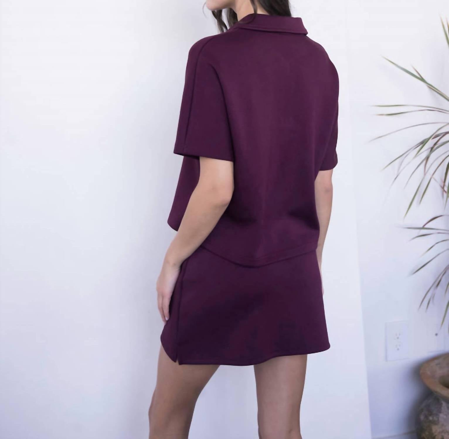 P.CILL Short Sleeve Quarter Zip Top in port - women's t-shirt - detail view