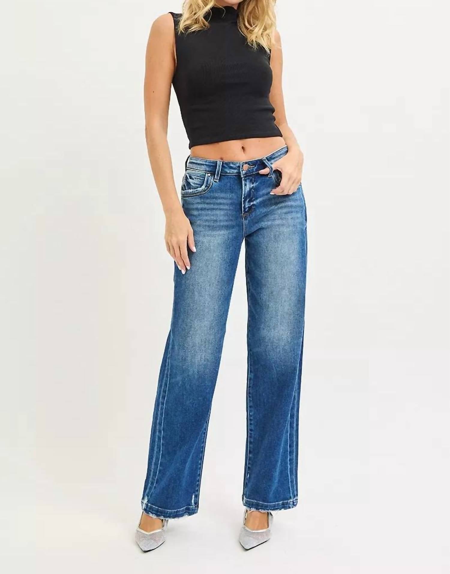 RISEN Slouchy Baggy Pocket Side Seam Detail Jeans in dark wash - women's jeans - view 4