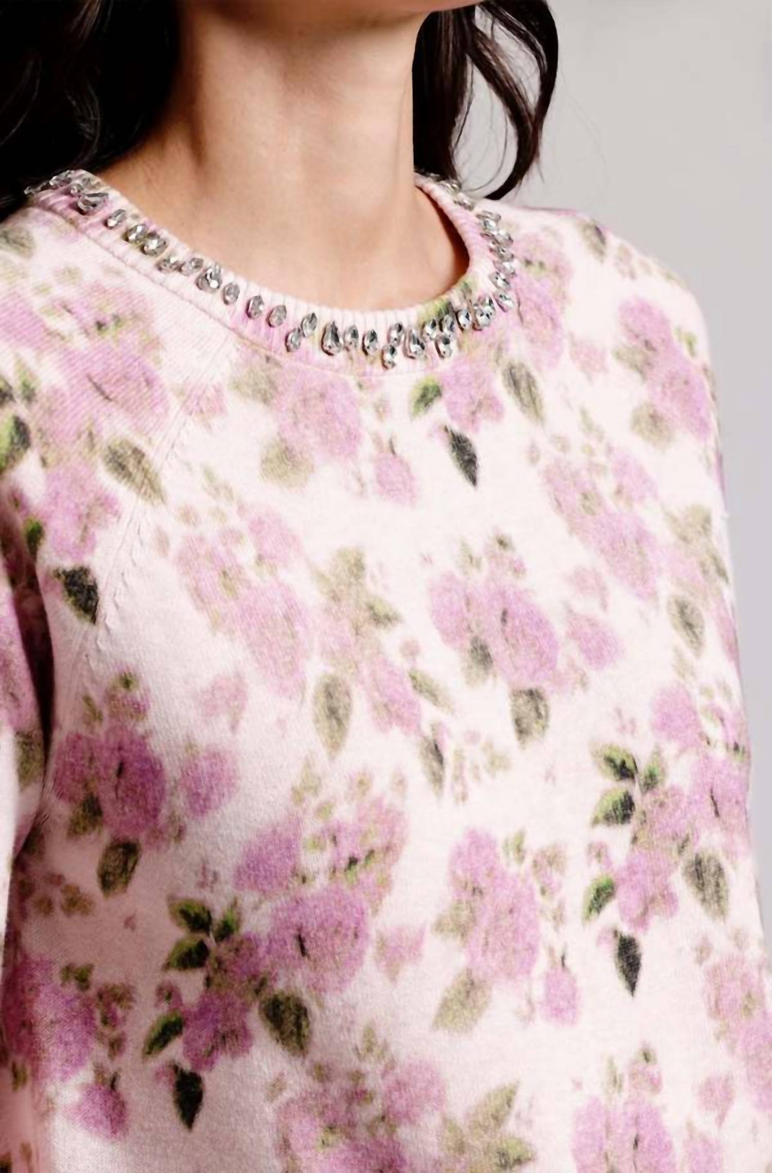 Minnie Rose Cotton Cashmere Printed Crewneck Sweater in lotus - women's sweater - alternate view