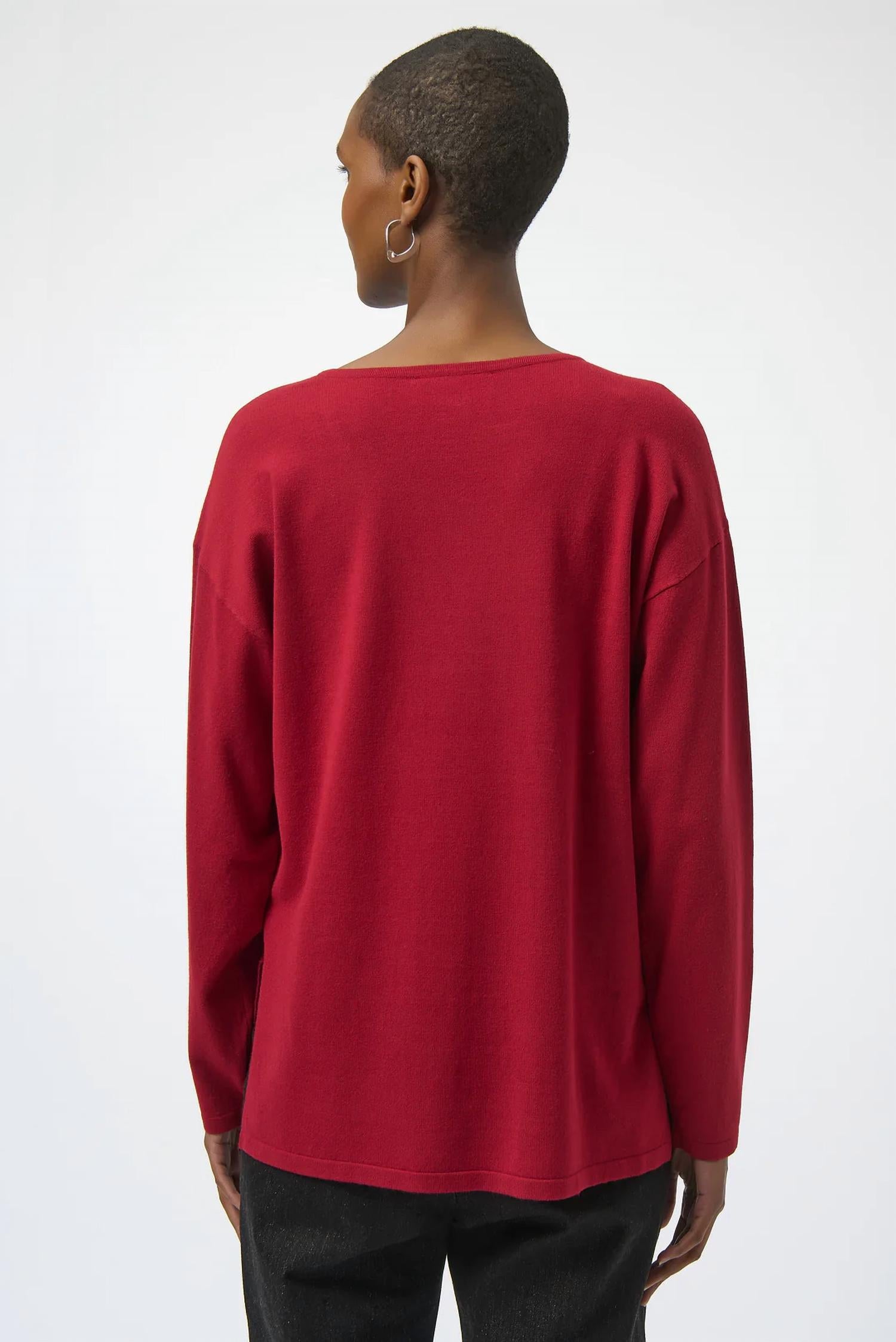 Joseph Ribkoff Iron-on V-neck Pullover Sweater Top in deep cherry - women's sweater - detail view