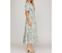 Style USA Woven Floral Print V Neck Tiered Midi Dress in blue - women's dress - detail view