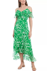 London Times - Floral Print Cold Shoulder Hi-Lo Maxi Dress