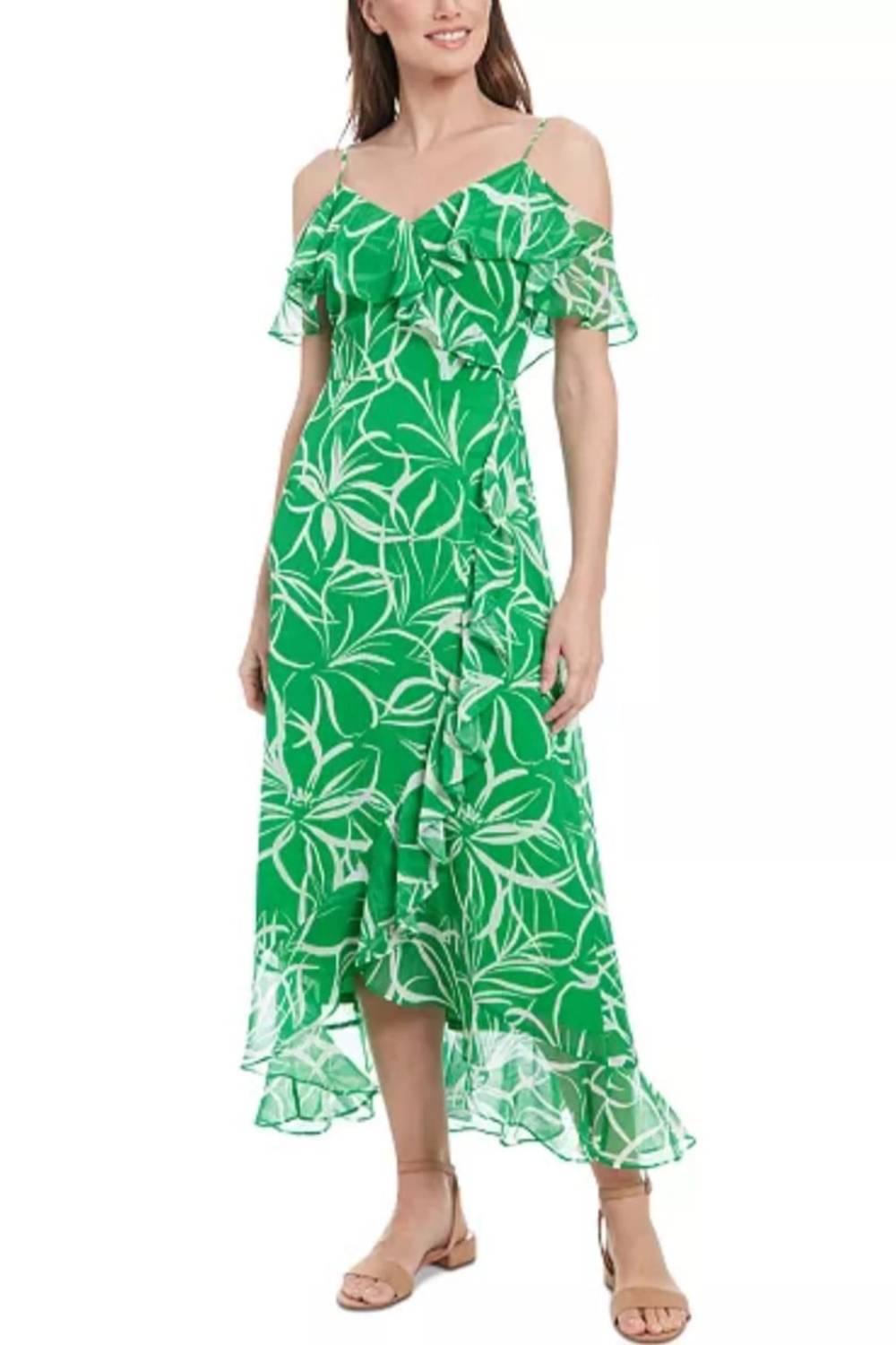 London Times - Floral Print Cold Shoulder Hi-Lo Maxi Dress