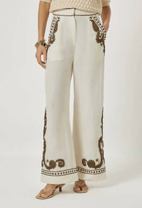 SCARLETT POPPIES Taylen Embroidery Straight Trouser in vanilla olive green - women's pants