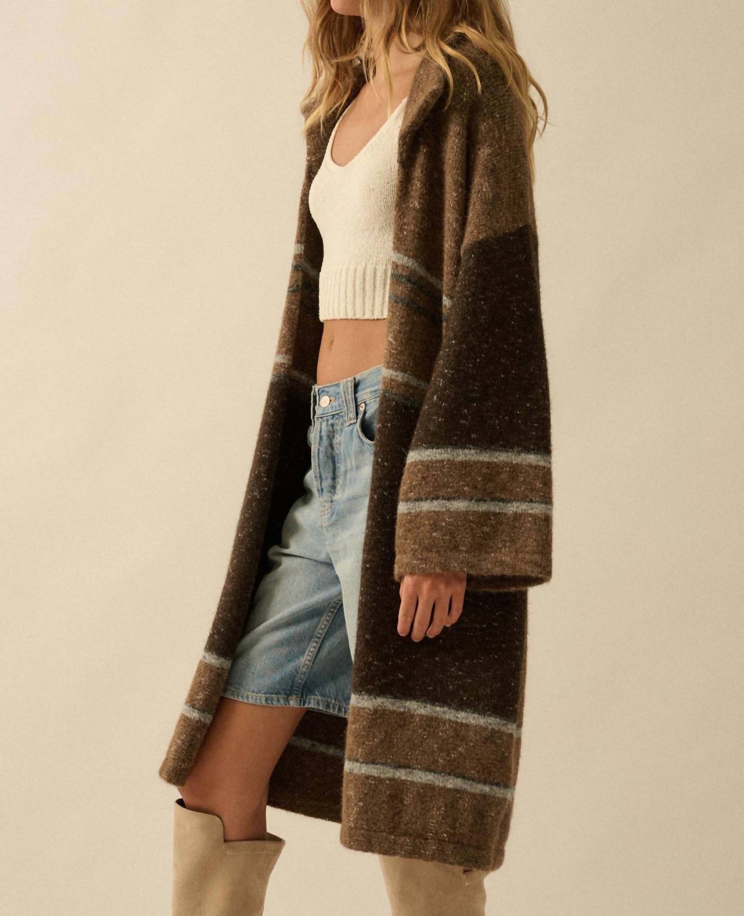 PROMESA Striped Confetti Duster Cardigan Top in taupe - women's cardigan - detail view