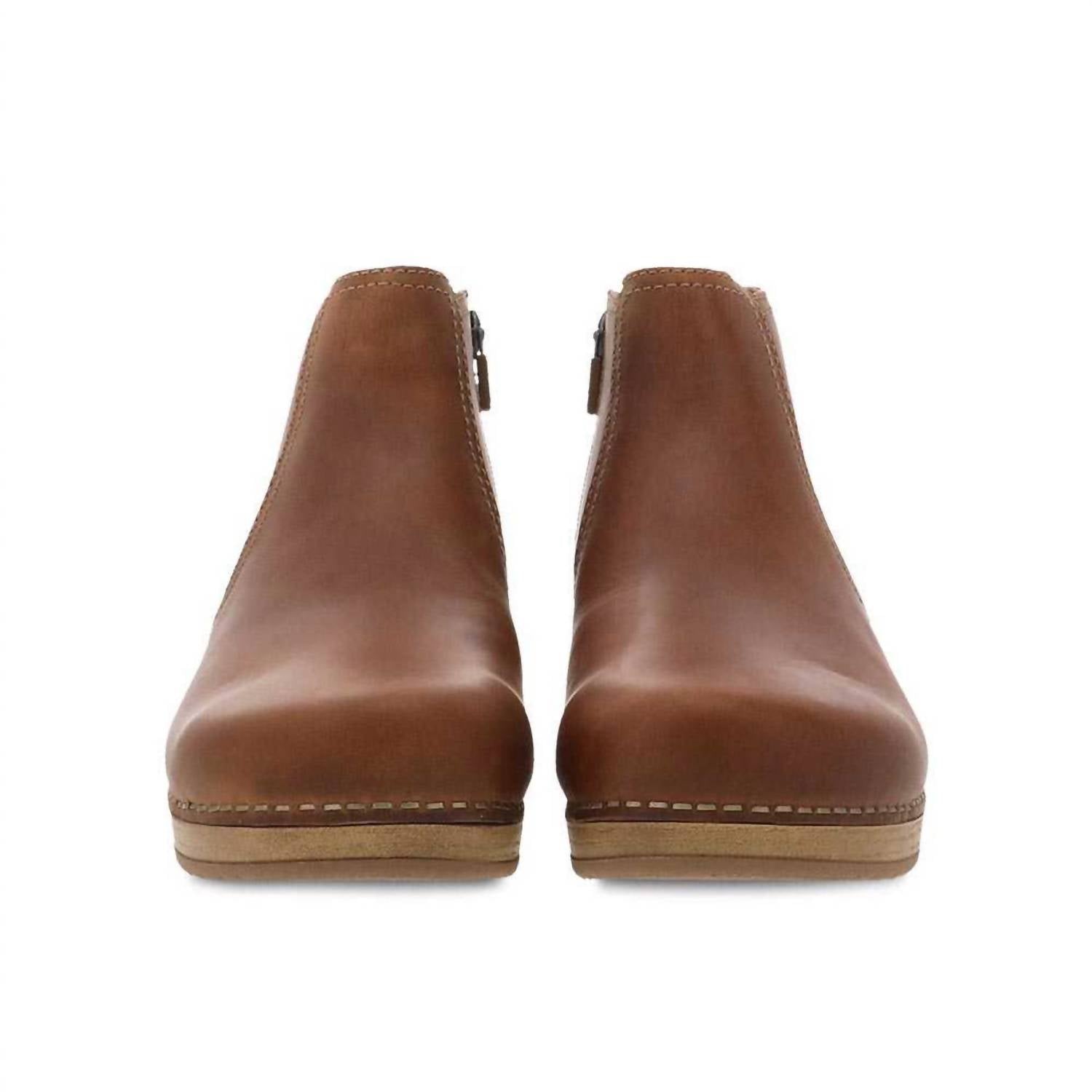 dansko Women's Barbara Oiled Pull Up Bootie in tan - women's shoe - detail view