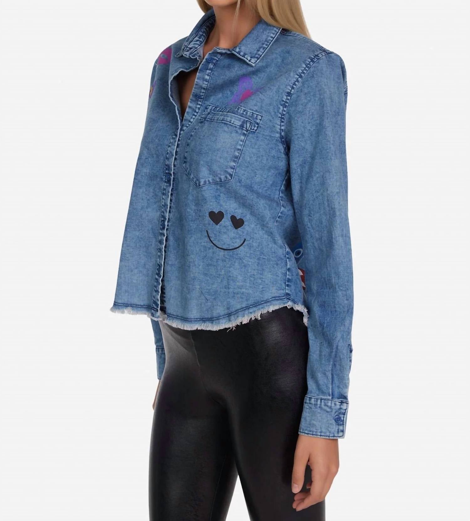 Lauren Moshi Saba Love Collage Button Down Top in denim - women's blouse - detail view