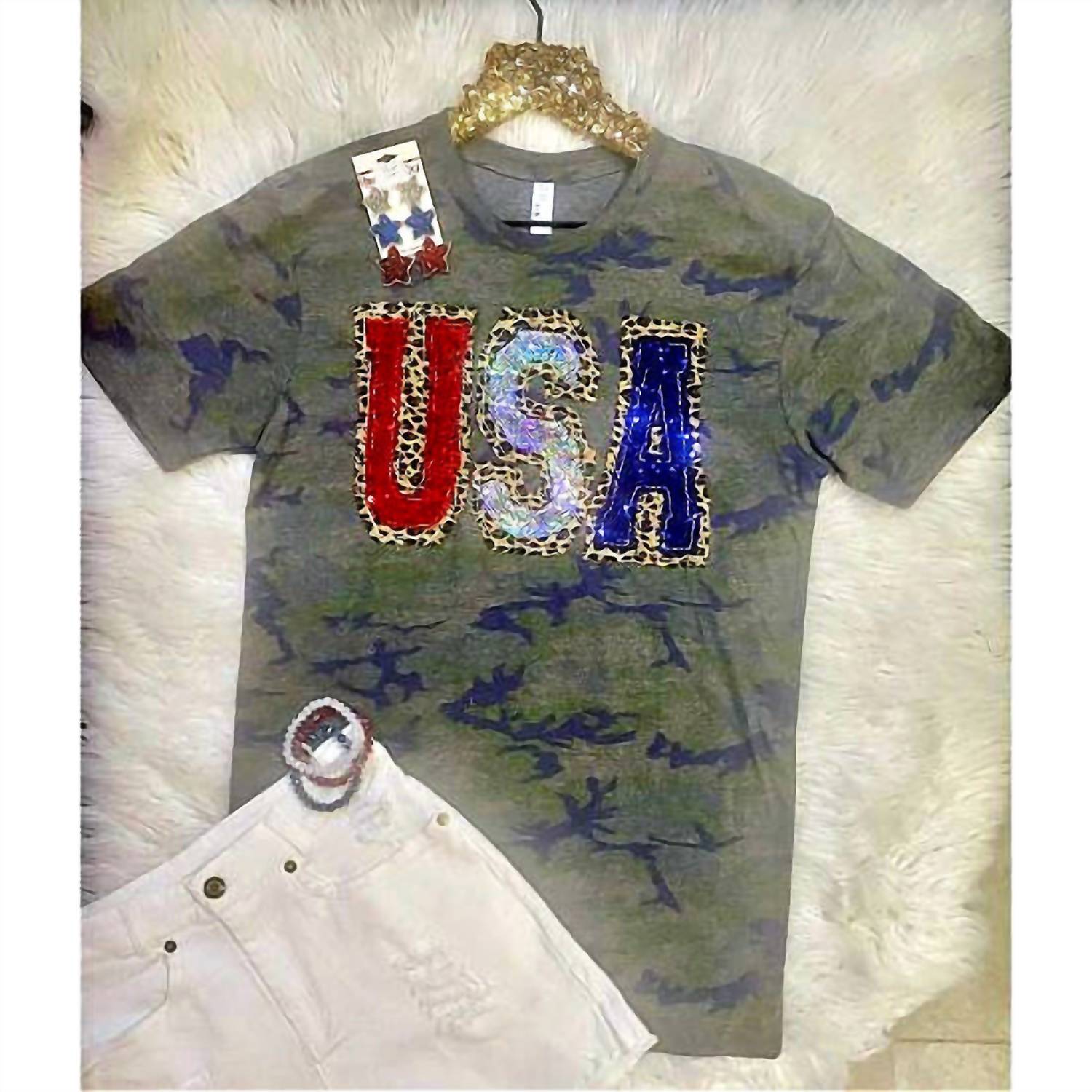 Sew Fancy Designs - USA Leopard Sequin Camo Graphic Tee