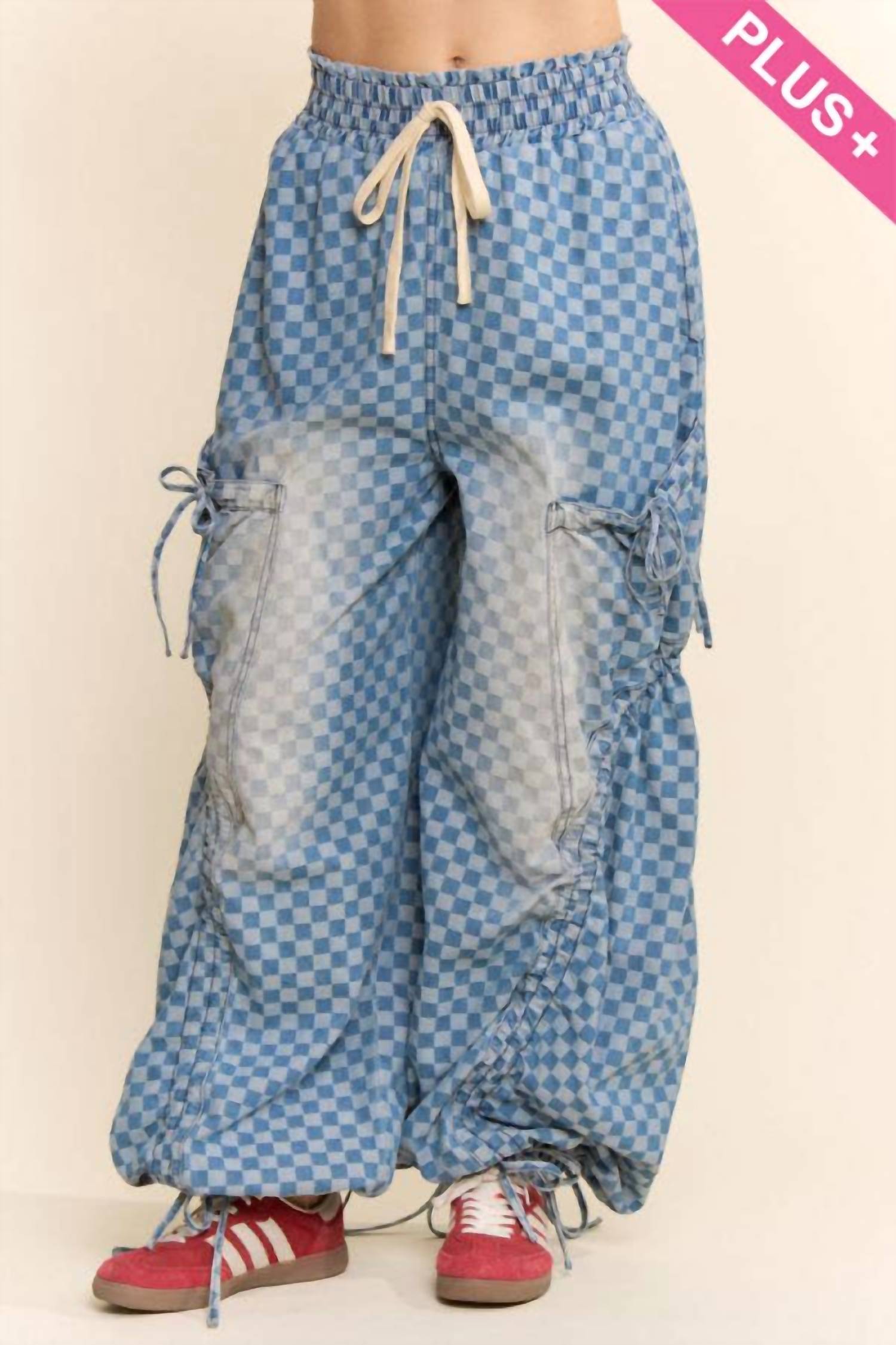 Davi & Dani - Women's Checkerboard Ribbon-ruched Parachute Pants