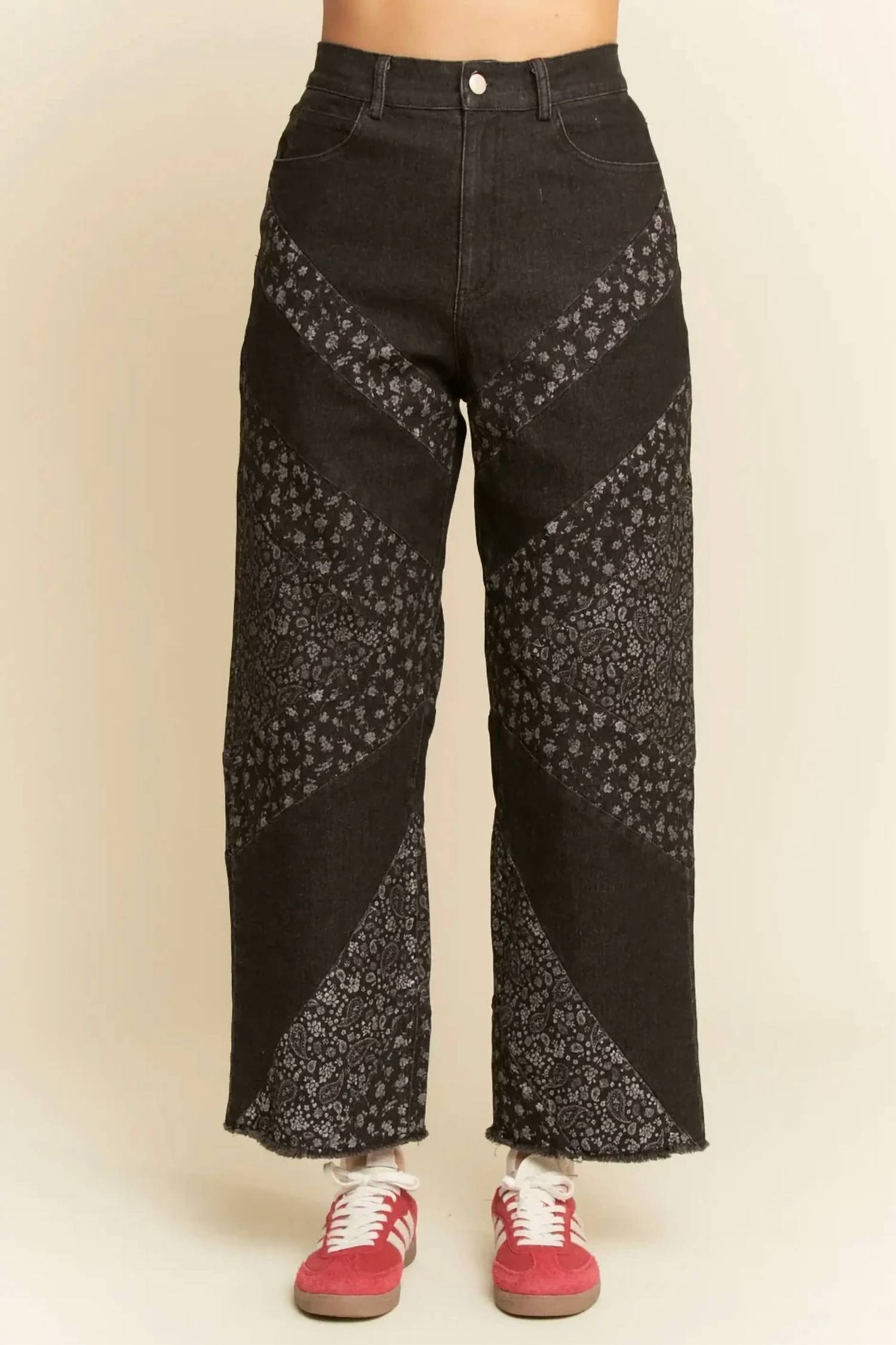 Davi & Dani - Floral High-rise Cotton Blend Wide Leg Jeans
