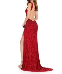 ASHLEYlauren Fully Beaded Open Back Gown in red - women's dress - detail view