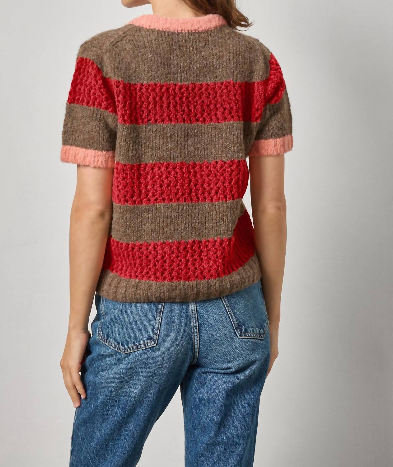 Lilla P Short Sleeve Sweater in ruby java stripe - women's sweater - alternate view