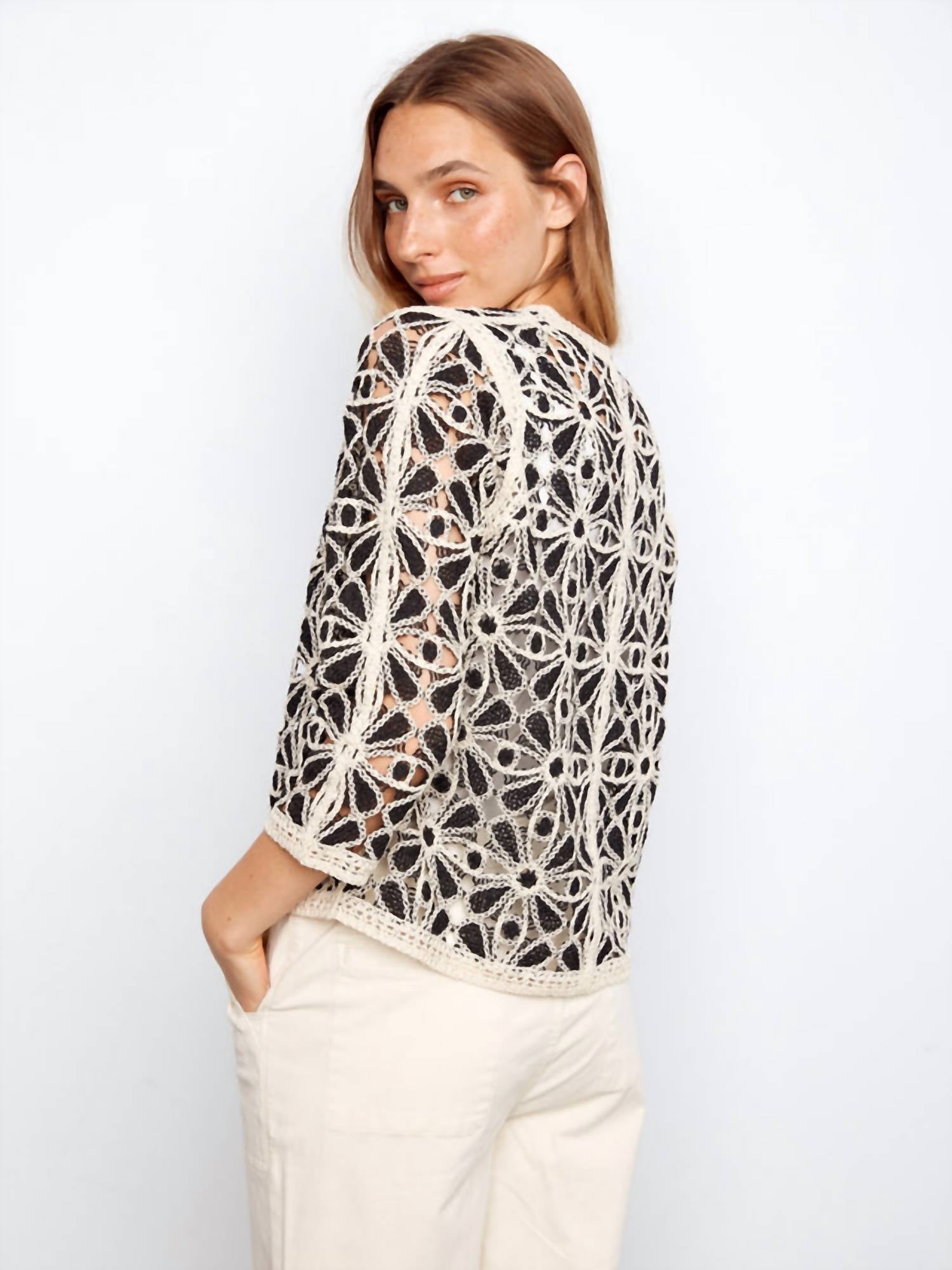 Charlie B - 3/4 Sleeve Crochet V-neck Cardigan Top