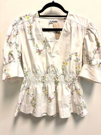 Ganni - Pre-loved Poplin Puff Sleeve V Neck Blouse With Smocked Shirred Waist
