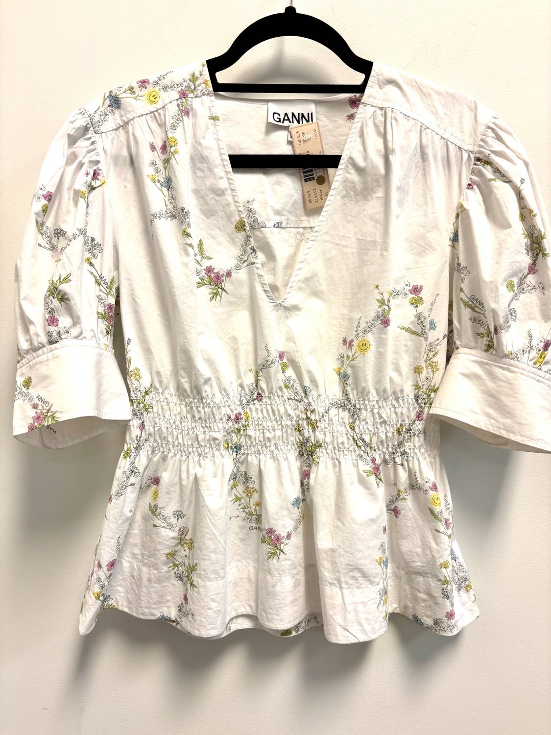 Ganni - Pre-loved Poplin Puff Sleeve V Neck Blouse With Smocked Shirred Waist