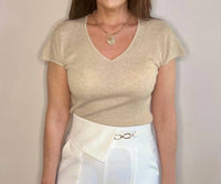 Ina Fashion - V Neck Cap Sleeves Ribbed Knit Top