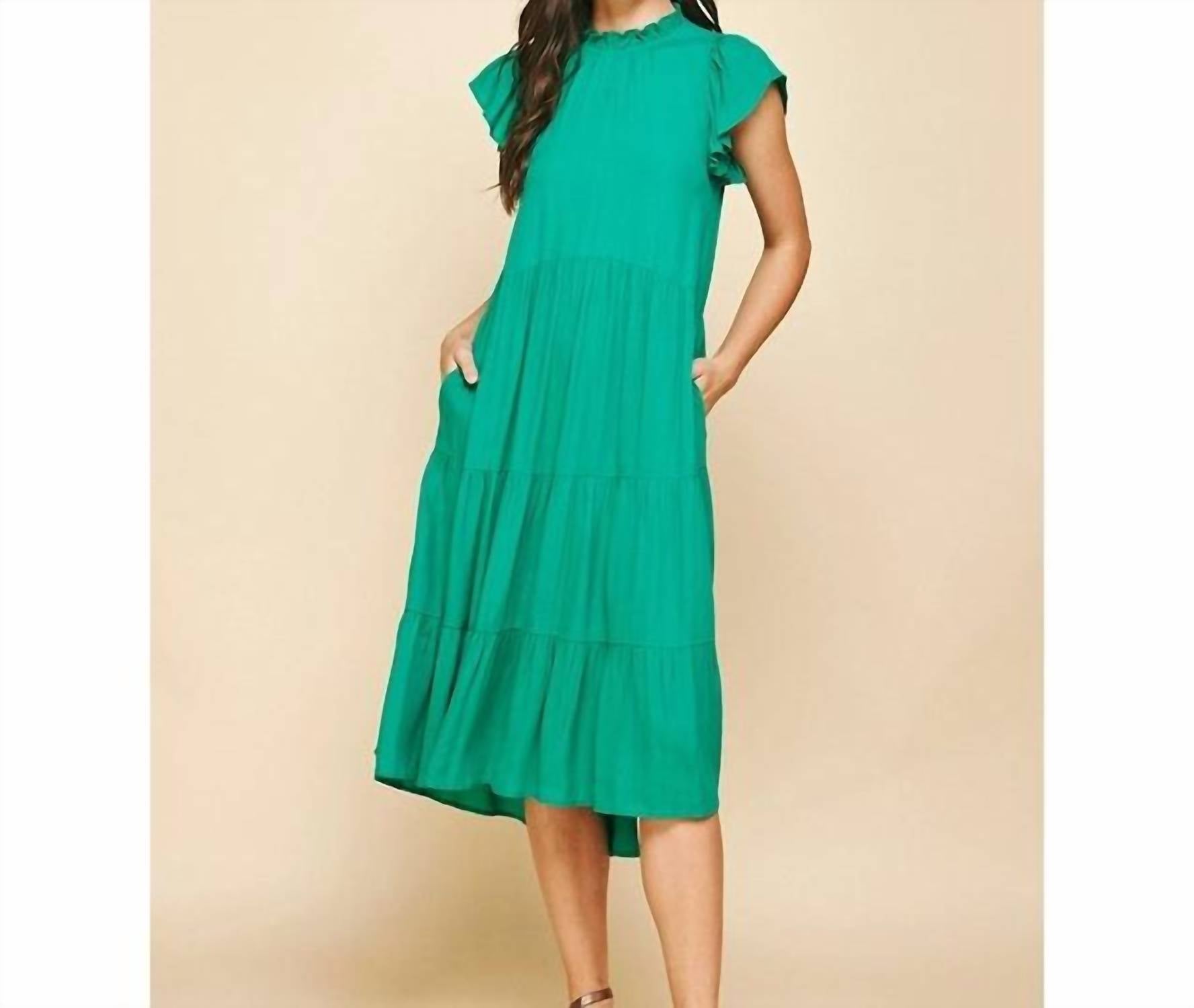 PINCH Tiered Cap Sleeve Dress in deep green - women's dress