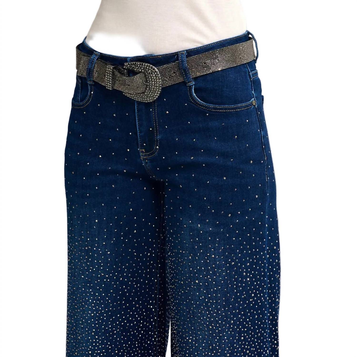 Q2 - Wide Leg Denim Jeans With Rhinestone Details