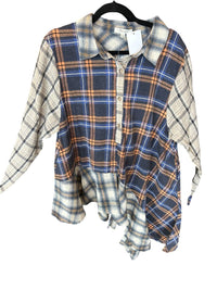 Oli & Hali Plaid Mixed Asymetrical Top in blue multi - women's long sleeve top - detail view