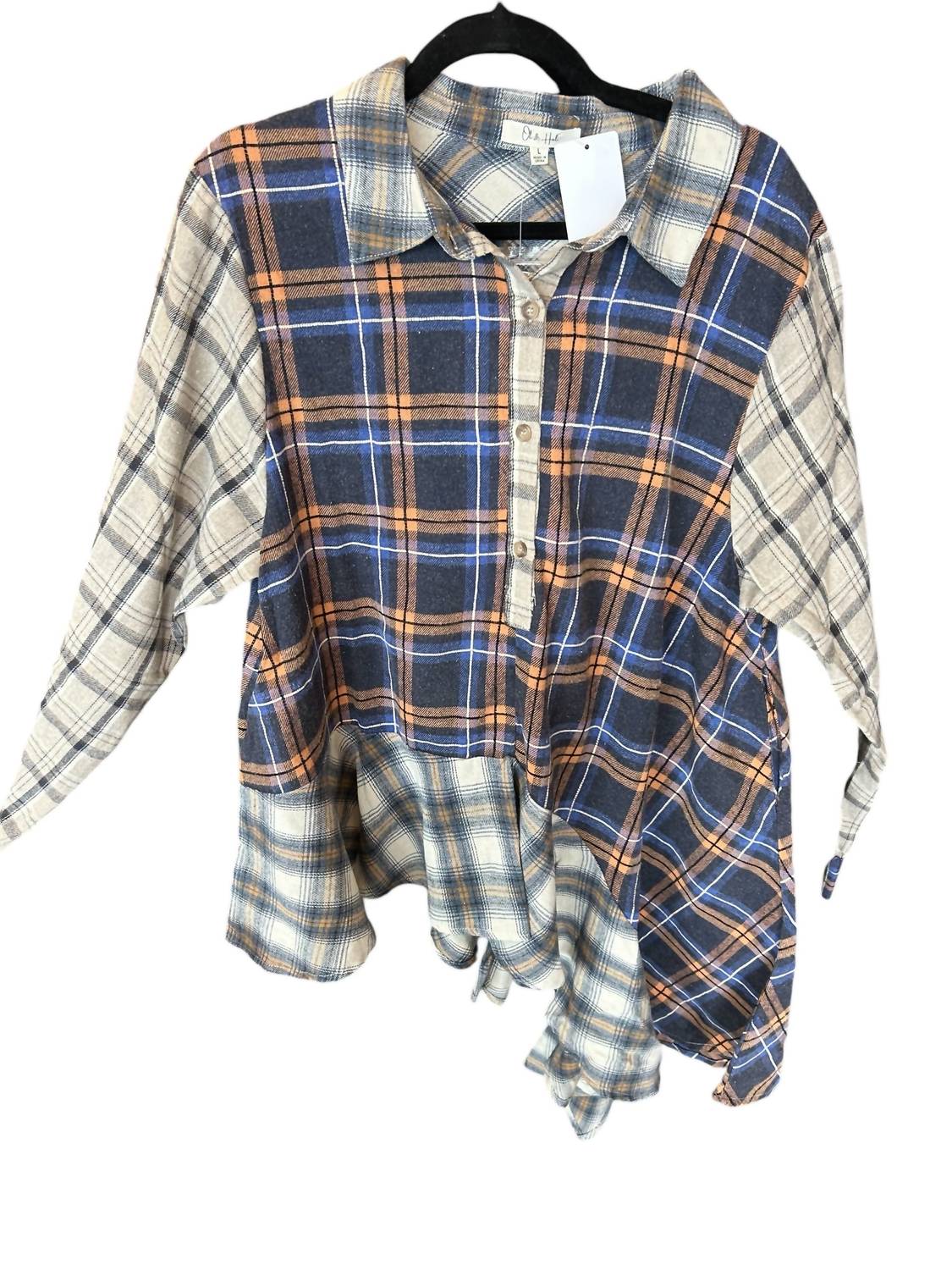 Oli & Hali Plaid Mixed Asymetrical Top in blue multi - women's long sleeve top - detail view