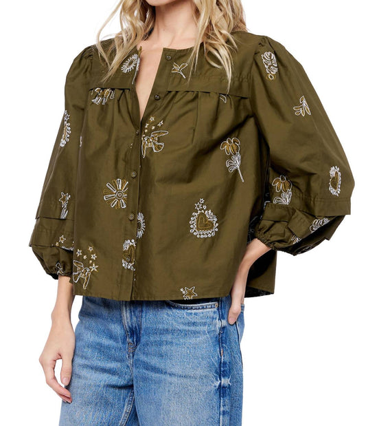 Ciebon - Lilane 3/4 Bubble Sleeve Buttondown Embroidered Top