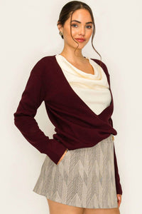 Dripsen - Two-tone Knit Top With Draped Contrast Detail