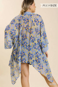 Sheer Floral Print Open Front Kimono With Crochet Detail Plus