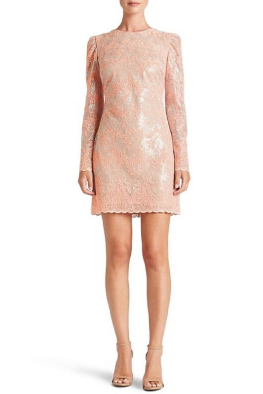 Dress The Population - Long Sleeve Coral Sequin Lace Mini Cocktail Dress