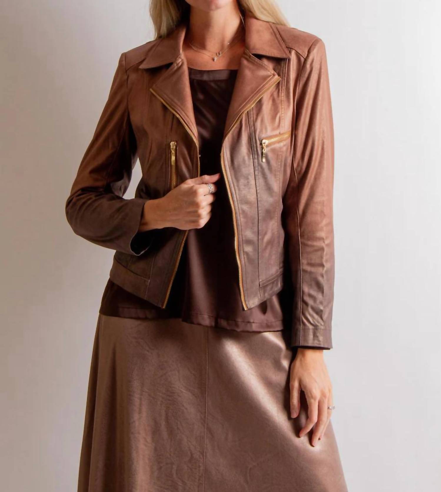 Insight Shades Vegan Leather Moto Jacket in brown - women's jacket