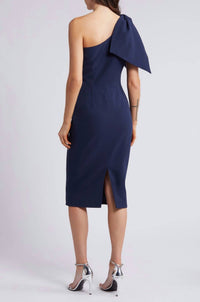 DRESS THE POPULATION Tiffany One-shoulder Midi Dress in midnight - women's dress - detail view