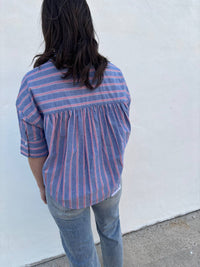Joy Joy Stripe Button Short Sleeve Top in blue - women's shirt - detail view