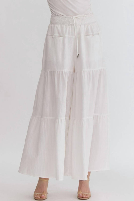 Entro - High Waist Smocked Waist Tiered Pants