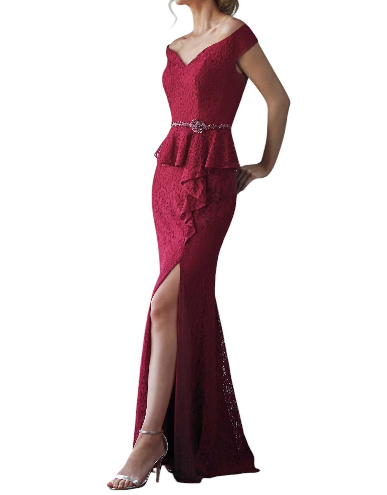 Jade Couture - Lace MOB Dress with Peplum & Portrait Neckline