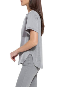 Lysse Aline Crew Neck Mix Media Top in dark heather grey - women's blouse - detail view