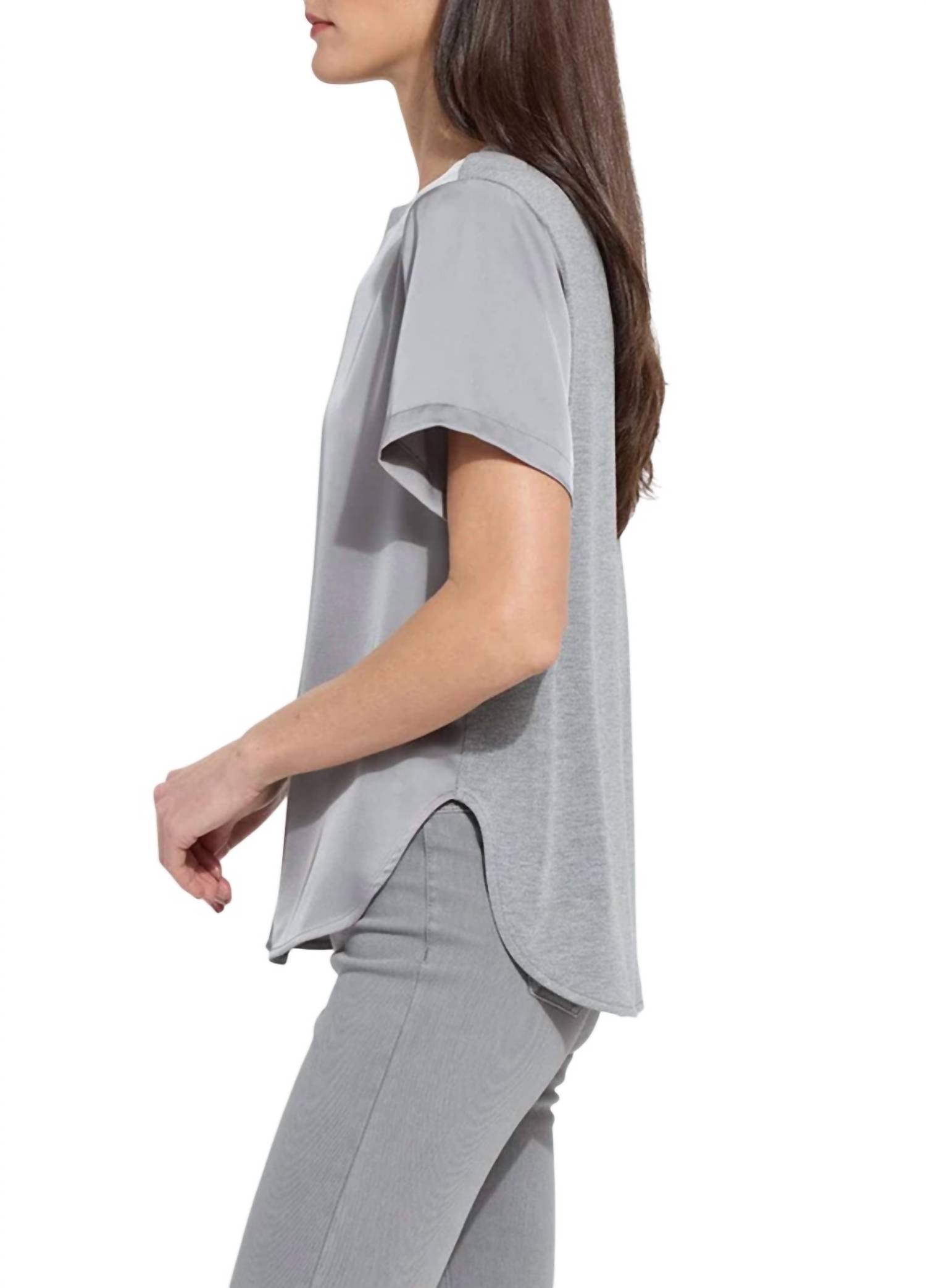 Lysse Aline Crew Neck Mix Media Top in dark heather grey - women's blouse - detail view