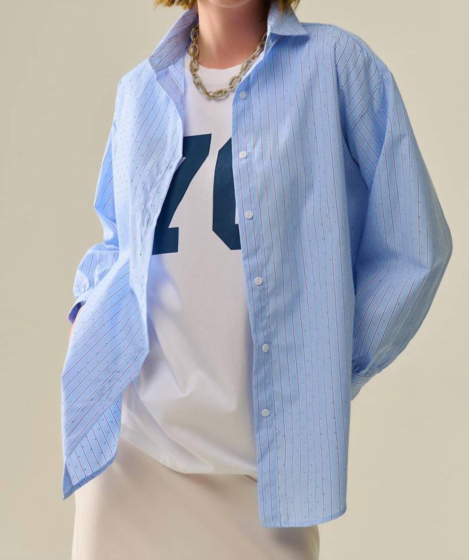 Q2 Striped Poplin Shirt With Strass Detail in blue - women's shirt - view 5