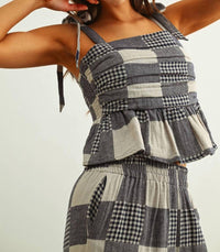 MIOU MUSE Gingham Patch Effect Top in navy - women's shirt - detail view