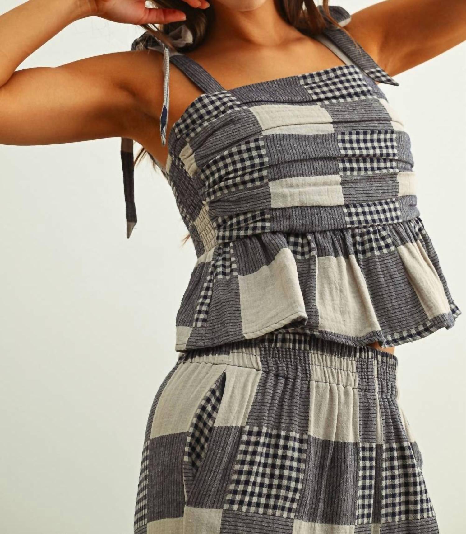 MIOU MUSE Gingham Patch Effect Top in navy - women's shirt - detail view