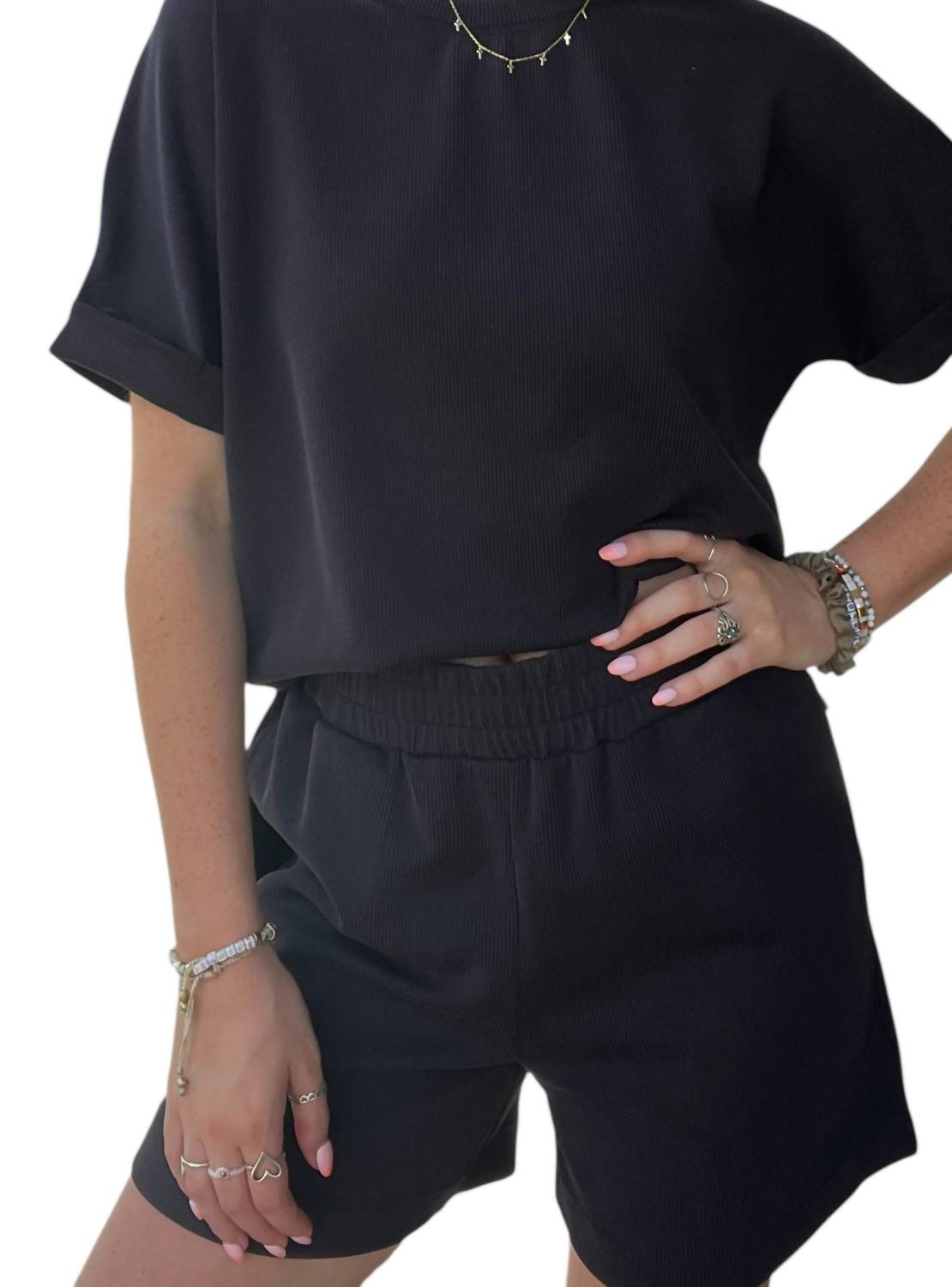 mono b Luxe Sand Wash Ribbed Lounge Shorts in black - women's shorts