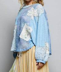 POL Crochet Embroidered Patch Lace Top in powder blue - women's blouse - detail view