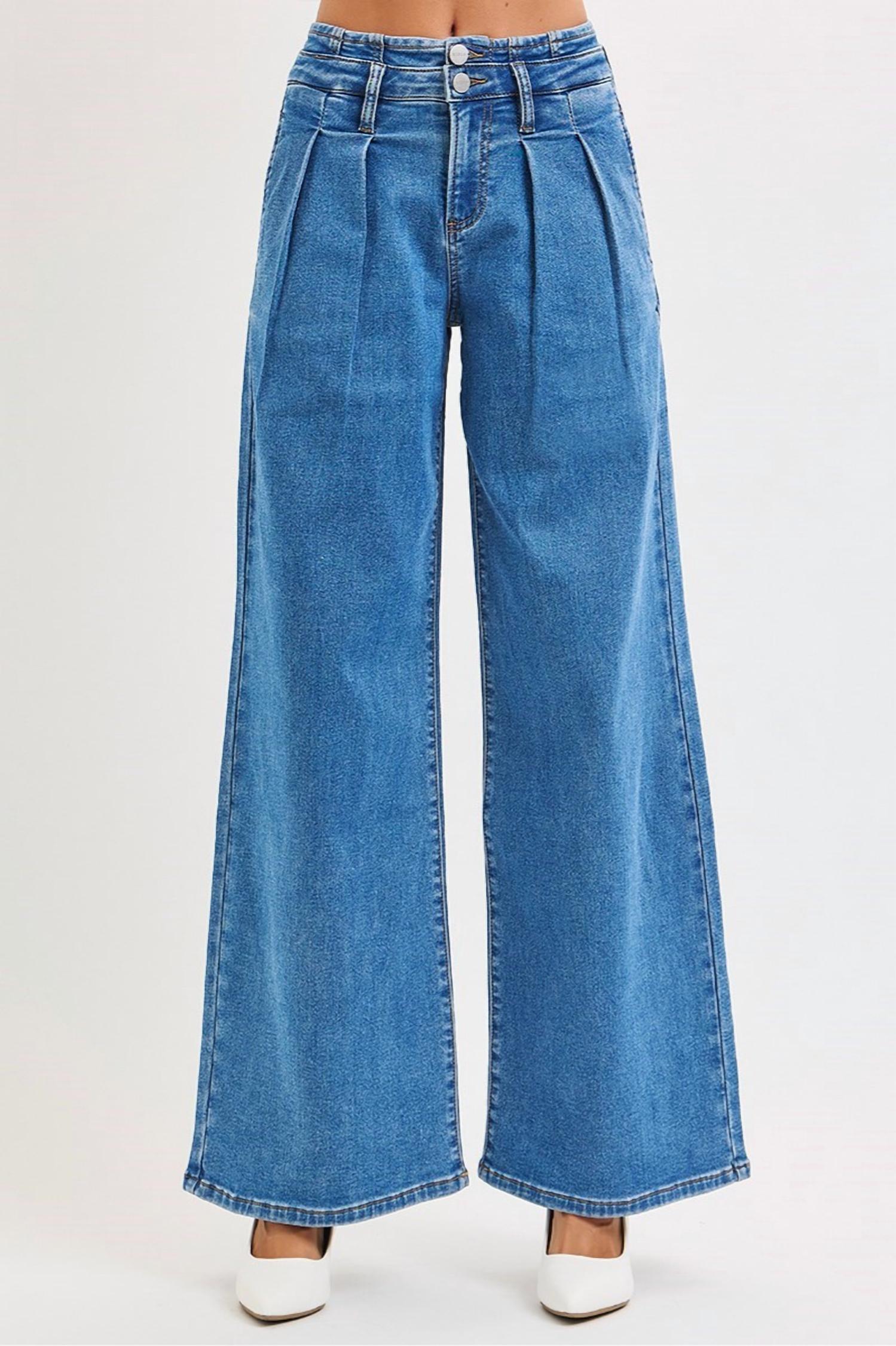 RISEN Sutton Slouchy Wide Leg Pleated Jeans in medium wash - women's jeans