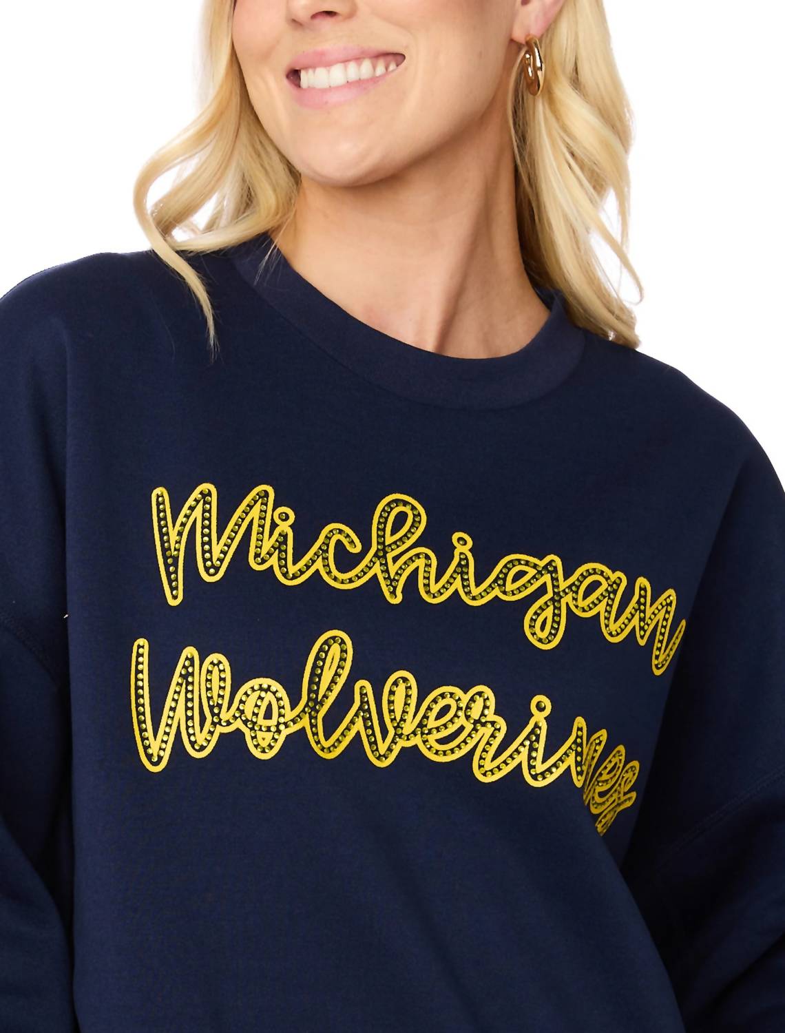 STEWART SIMMONS Michigan Wolverines Rhinestone Balloon Sleeve Pullover in navy - women's sweater - alternate view