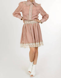 Beulahstyle - Lace Trim Detail Chiffon Shirt & Mini Skirt Set