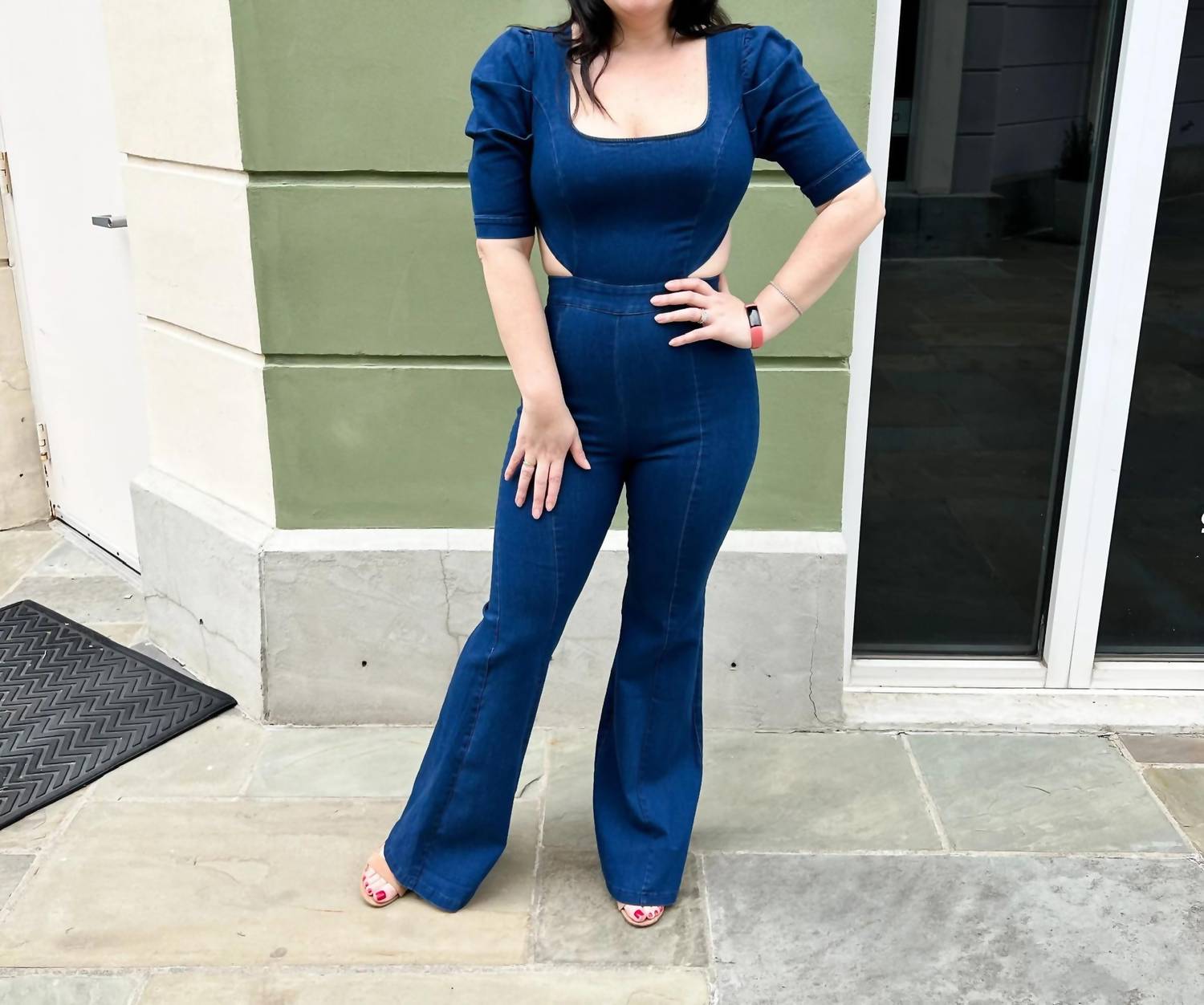 Flying Tomato - Square Neckline Denim Jumpsuit