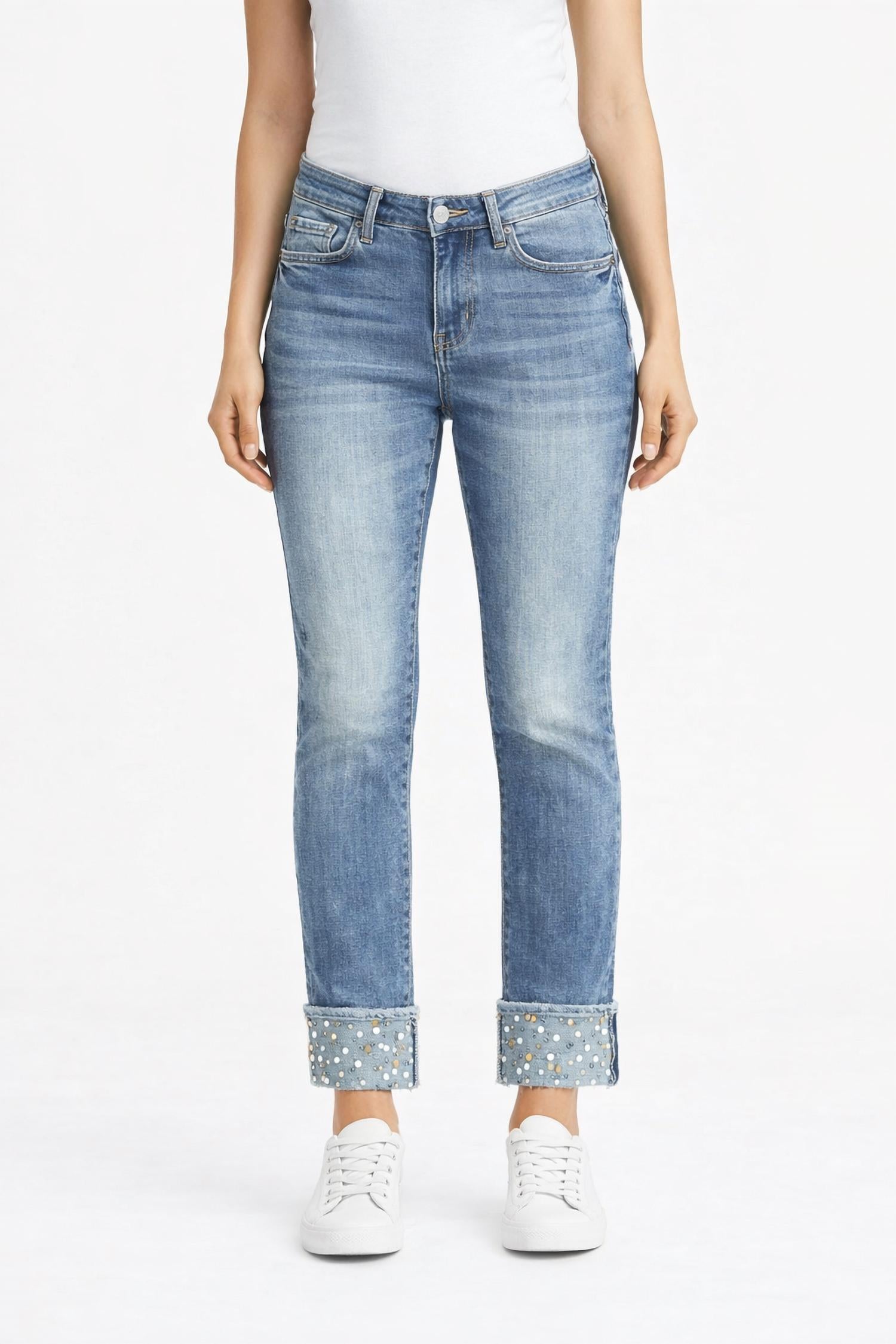 COCO + CARMEN OMG BOYFRIEND CAPRI WITH STUDDED BOTTOM in blue - women's pants