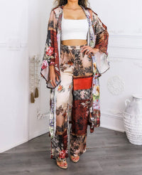 Surelymine - Golden Hour Boho Luxe Kimono Set Printed Duster & Wide-leg Pants