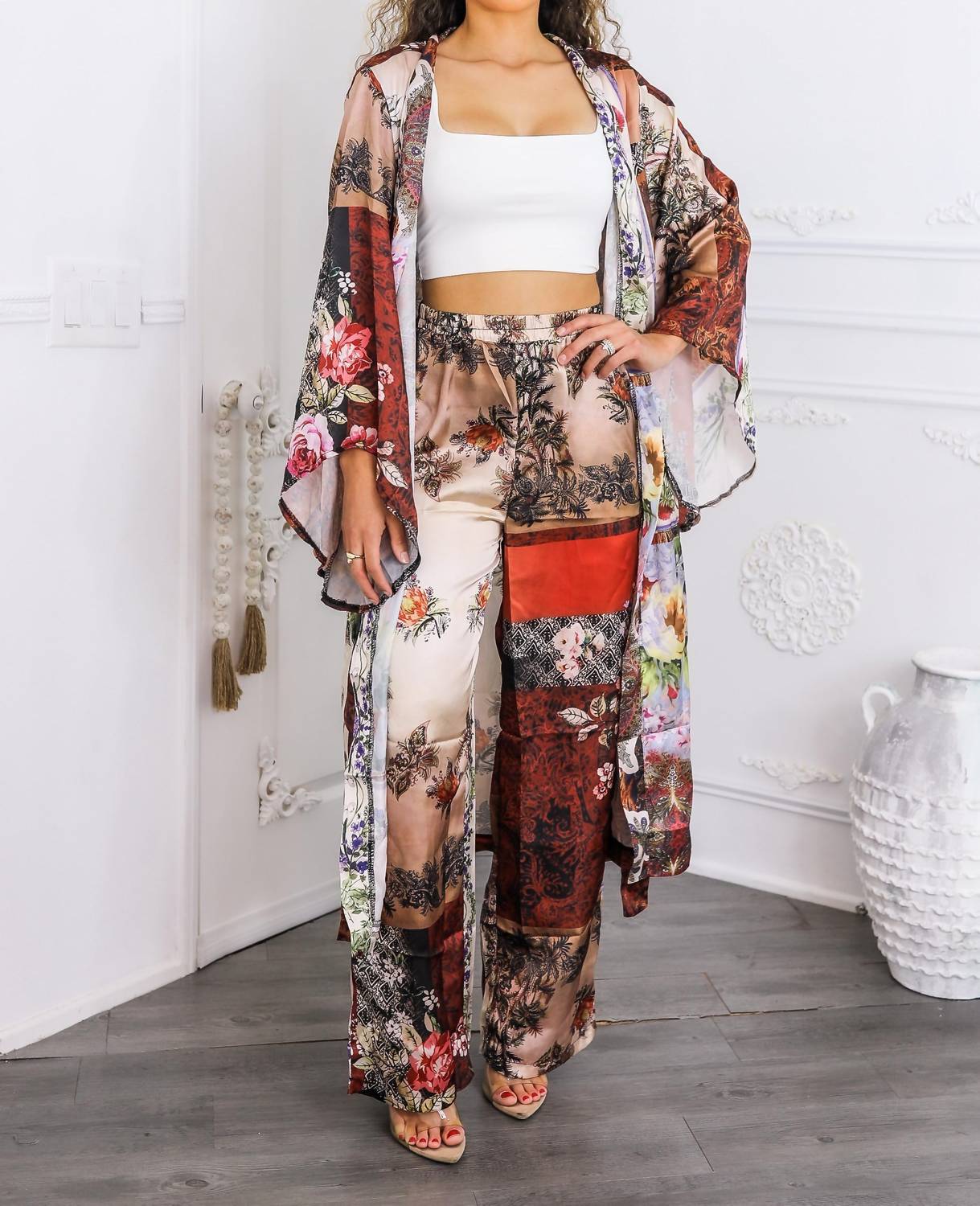 Surelymine - Golden Hour Boho Luxe Kimono Set Printed Duster & Wide-leg Pants